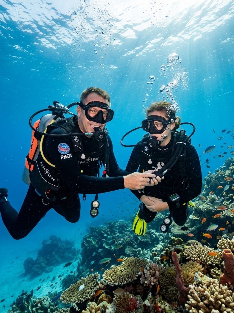 PADI Master Instructor Kevin Alexander mentoring scuba students on dive planning and equipment assembly